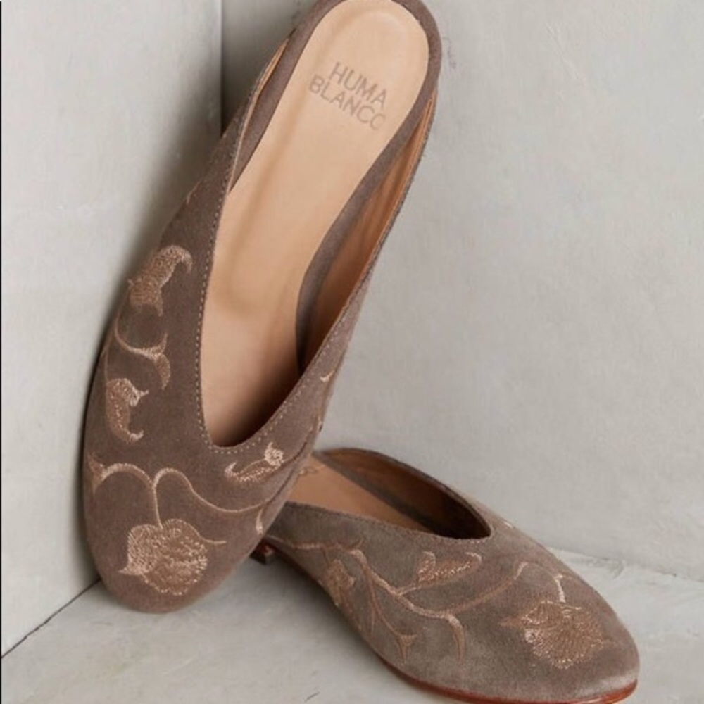 Huma Blanco Slides Luana Floral Embroidered Tan Suede EU 39, US =narrow 7 1/2, 8